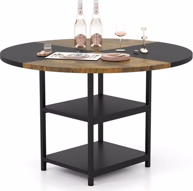 Tavolo da pranzo rotondo HELLOSHOP26 in stile rustico con vano contenitore a 2 ripiani, colore nero e marrone, Diametro: 119 cm, Altezza: 76,5 cm