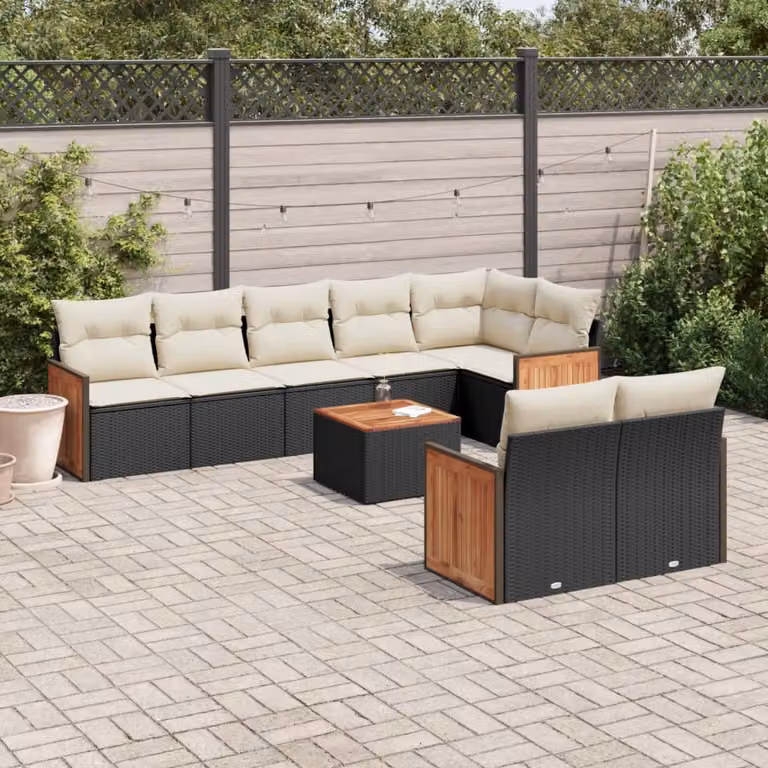 Set di divani da giardino vidaXL a forma di L composto da 9 pezzi con cuscini e tavolino da esterno in polyrattan nero