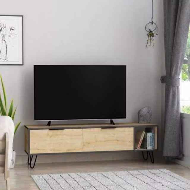Mobile porta TV moderno in legno e metallo colore rovere e antracite L: 150 cm, P: 50 cm, H: 35 cm