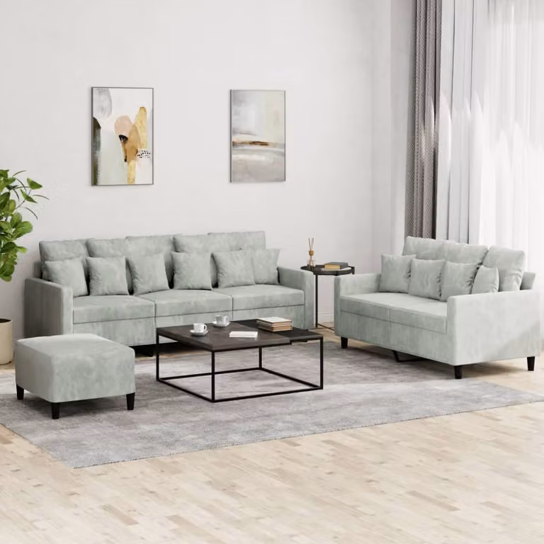 Set di divani vidaXL 3 pezzi in velluto grigio con pouf e cuscini per soggiorno