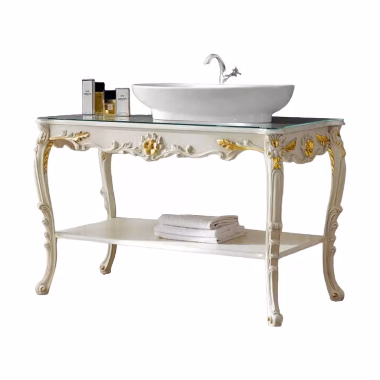 Mobile bagno barocco Mobili 2G laccato avorio con dettagli foglia oro L/P/H: 128 x 57 x 93 cm