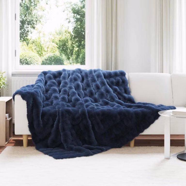 Set di 4 copertine antiscivolo vidaXL Olite in finta pelliccia di coniglio blu, L 240 x P 220 cm