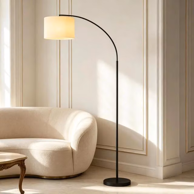 Lampada da terra ad arco moderna con telecomando in metallo e tessuto, disponibile in nero, beige o bianco, H: 180,6 cm