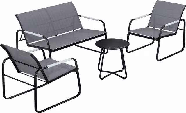 Set Mobili da Giardino Outsunny per 4 Persone con Divano a 2 Posti, 2 Poltrone e Tavolino Rotondo, Colore Grigio con Struttura in Metallo e Tessuto Traspirante Textilene