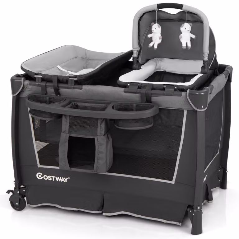 Costway Lettino da viaggio 5 in 1 pieghevole con culla removibile, fasciatoio, materasso in schiuma, box per bambini e ripiano portaoggetti, Grigio