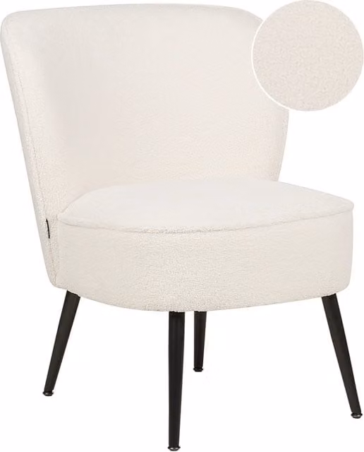 Poltrona Beliani in tessuto bouclé bianco con design moderno a tub e gambe in legno di pino, L: 76 cm, P: 60 cm, H: 52 cm
