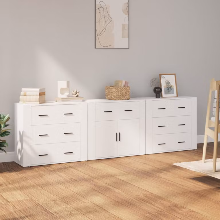 Set di 3 credenze vidaXL in legno multistrato e MDF, colore bianco opaco