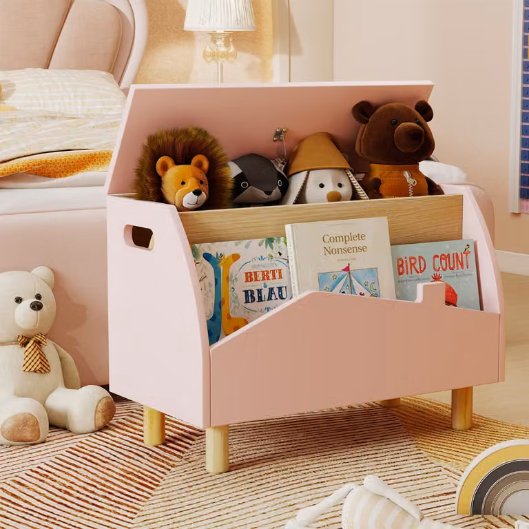 Costway Scatola dei giocattoli in legno con ripiano espositivo e libreria per bambini, Rosa