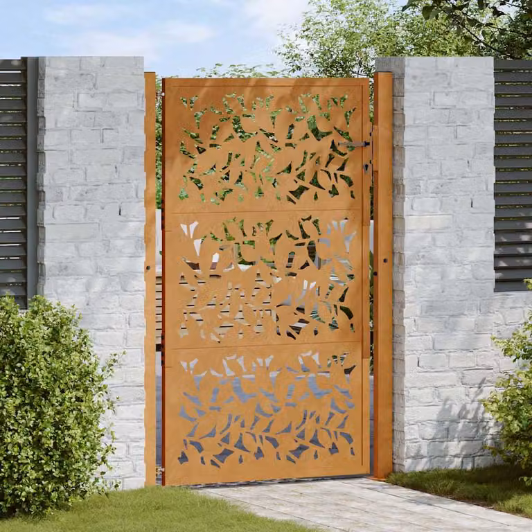 Cancello da giardino singolo vidaXL in acciaio corten marrone con design a foglia L: 110 cm, H: 155 cm