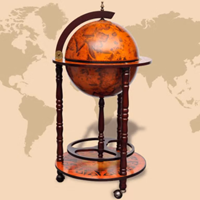 vidaXL Minibar a forma di globo marrone con supporto in legno di eucalipto e ruote L/P/H: 102 x 47 x 47 cm