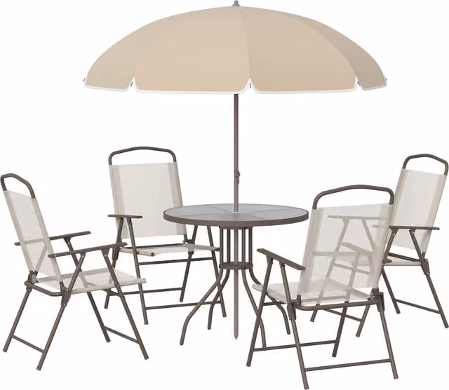 Set da giardino Outsunny composto da 6 pezzi con tavolo rotondo in vetro, sedie pieghevoli e ombrellone in acciaio verniciato color beige