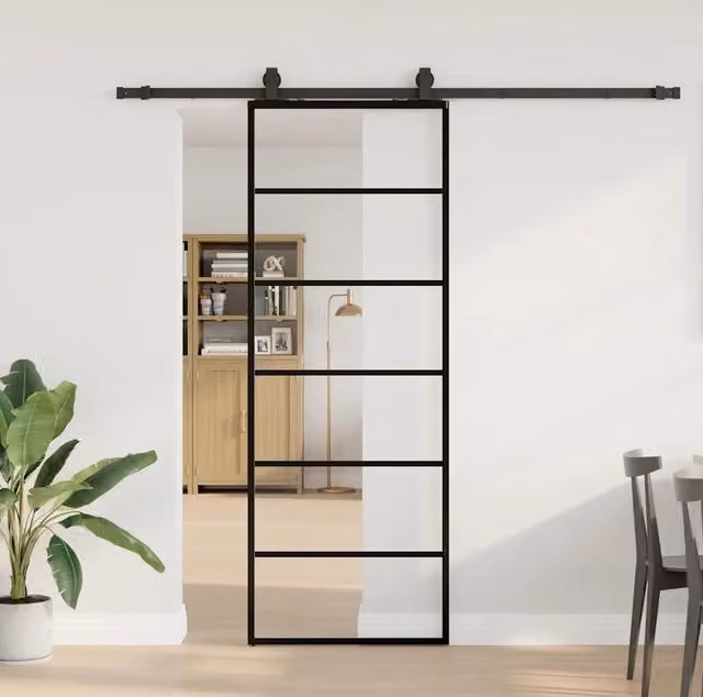Porta Scorrevole Moderna VIDAXL in Vetro Trasparente con Telaio in Alluminio e Ferramenta Nera L: 76 cm, H: 205 cm