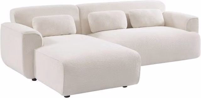 Divano angolare Sweeek in tessuto bouclé bianco con struttura in legno di pino e cuscini coordinati, L/P/H: 196 x 151 x 73 cm