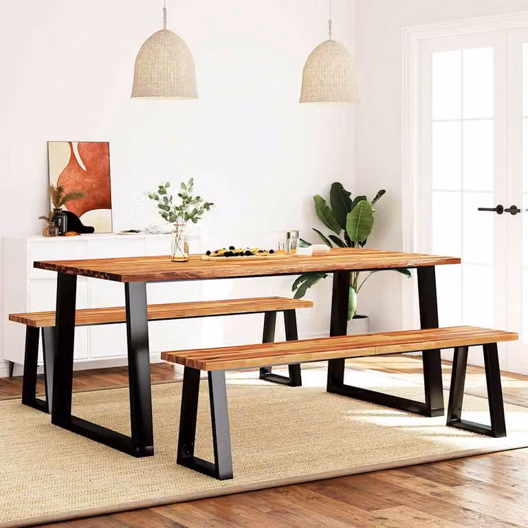 Set da pranzo vidaXL in legno di acacia con bordi vivi e base in metallo, composto da tavolo rettangolare e 2 panche, colori marrone e nero