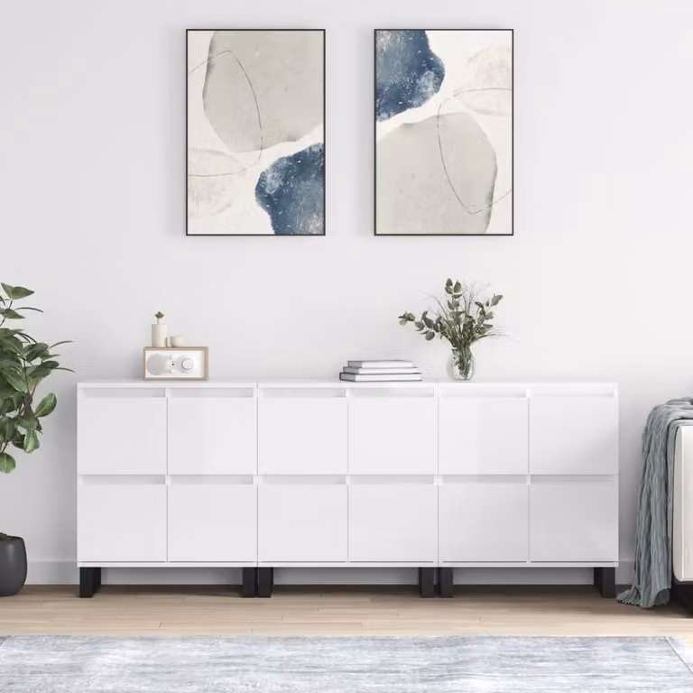 Set di 3 credenze vidaXL in legno multistrato e metallo, bianco lucido