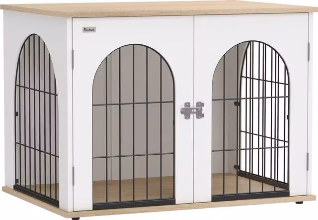 PawHut Mobile Gabbia per Cane ad Arco con Doppia Porta e Tavolino in Metallo, Bianco, L 80 cm x P 56 cm x H 59 cm