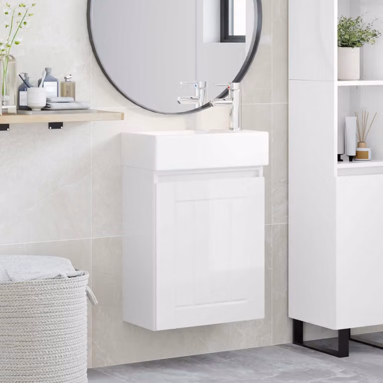 Mobile bagno moderno vidaXL con rubinetto Bianco Lucido L: 45,5 cm, P: 25,5 cm, H: 84 cm