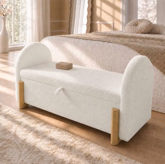Panca contenitore imbottita MODFU in tessuto bouclé bianco L: 106 cm, P: 47 cm, H: 61 cm