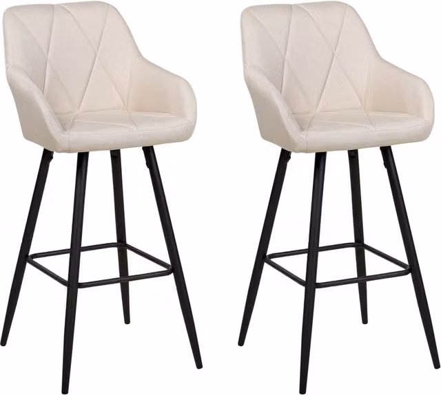 Set di 2 Sgabelli da Bar Beliani in Tessuto Beige con Braccioli, Schienale Trapuntato e Gambe in Metallo Nero Opaco