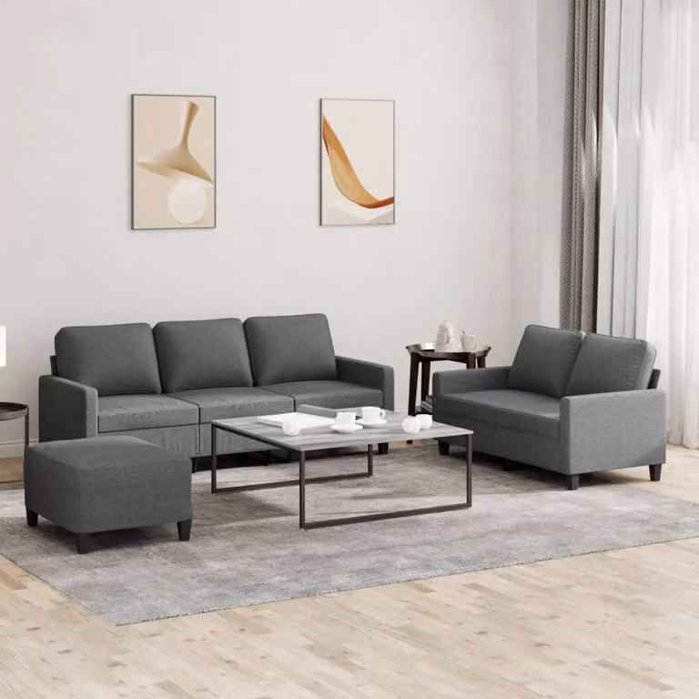 Set di divani vidaXL composto da un divano a 3 posti, un divano a 2 posti e un pouf, in tessuto grigio con cuscini inclusi per il tuo soggiorno
