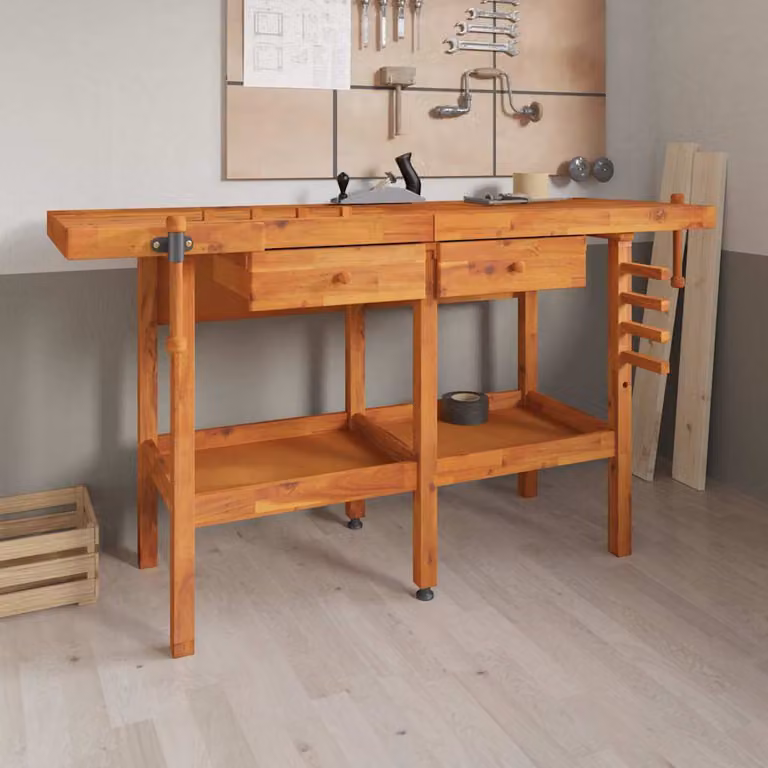 vidaXL Banco da Lavoro in Legno di Acacia con Cassetti e Morse, Marrone, L: 162 cm, P: 62 cm, H: 83 cm