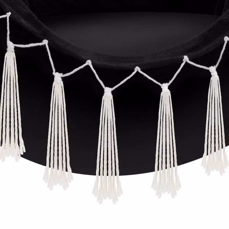 Poltrona sospesa Malika Tectake in stile boho con struttura in legno di betulla e metallo, colore nero, con supporto a terra e funzione girevole