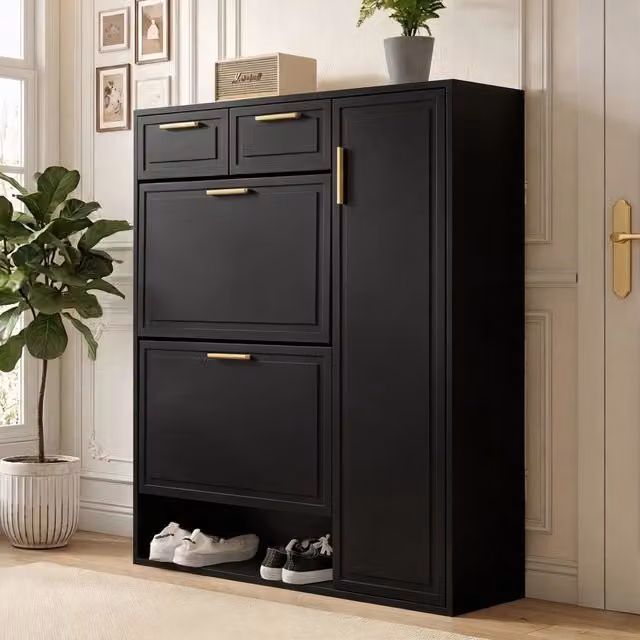 Scarpiera moderna nera con 2 cassetti e vani aperti in MDF e metallo L: 95 cm, P: 24 cm, H: 107 cm