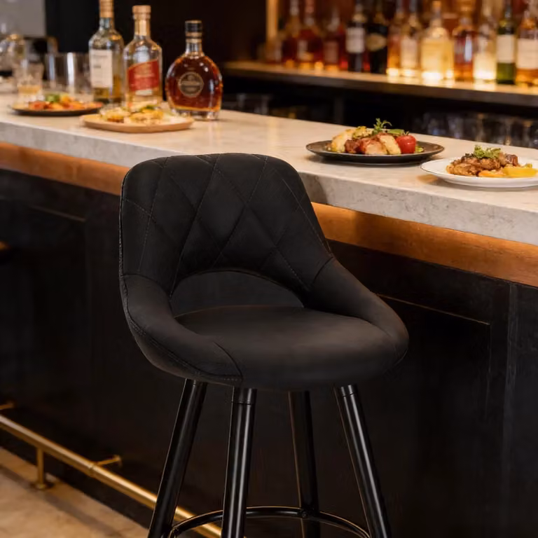 Sgabello da bar OKWISH moderno in tessuto e similpelle con schienale ergonomico e piedini in legno e metallo colore antracite e nero