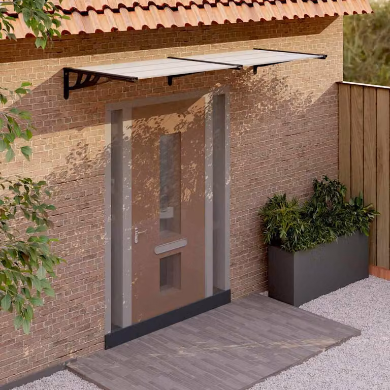 Tettoia per porta vidaXL in policarbonato e alluminio, Nero e Trasparente, L: 239 cm, P: 90 cm