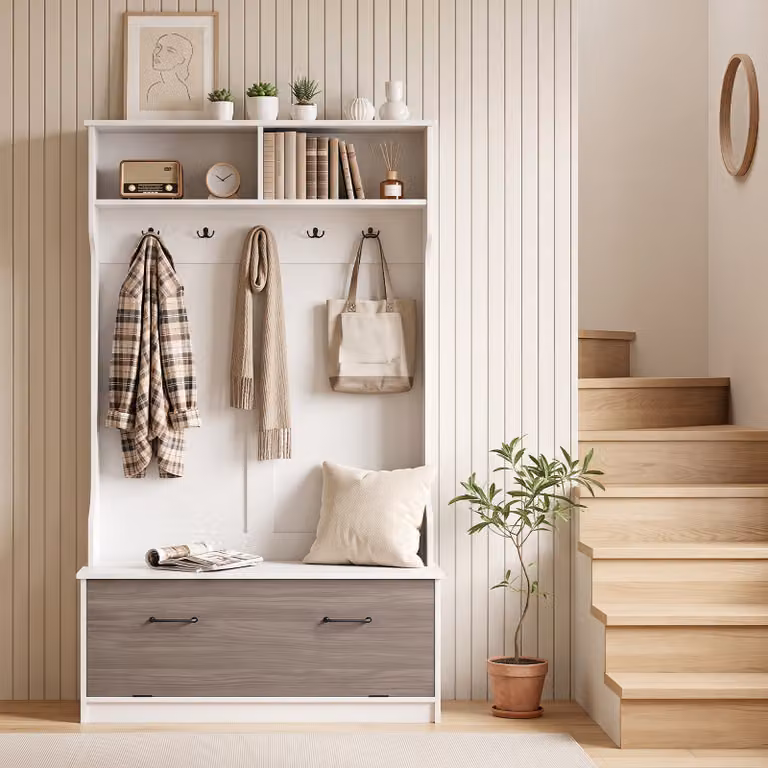 Costway Appendiabiti da terra con panca porta scarpe in legno per ingresso e corridoio, Bianco