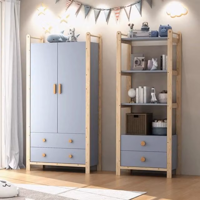 Guardaroba combinata WISHDOR in legno e MDF con cassetti, ripiani e appendiabiti, colore blu opaco, Altezza: 180,5 cm
