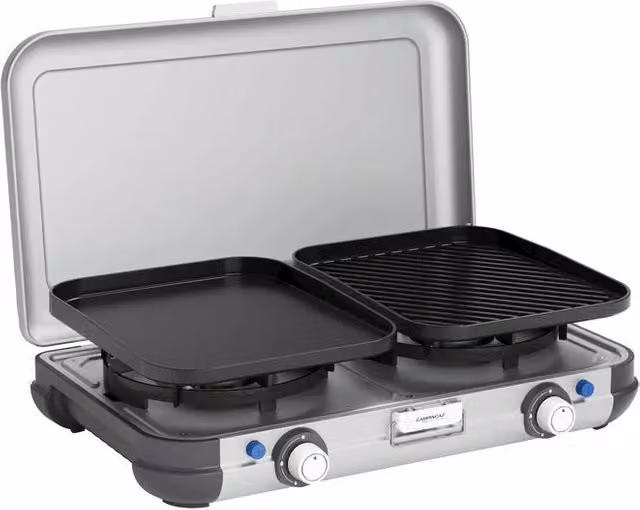 Campingaz 2213311 Camping Kitchen 2 Stufa a Griglia Portatile con 2 Fuochi da 4000 W e Accensione Piezoelettrica, Colore Nero Grigio Argento