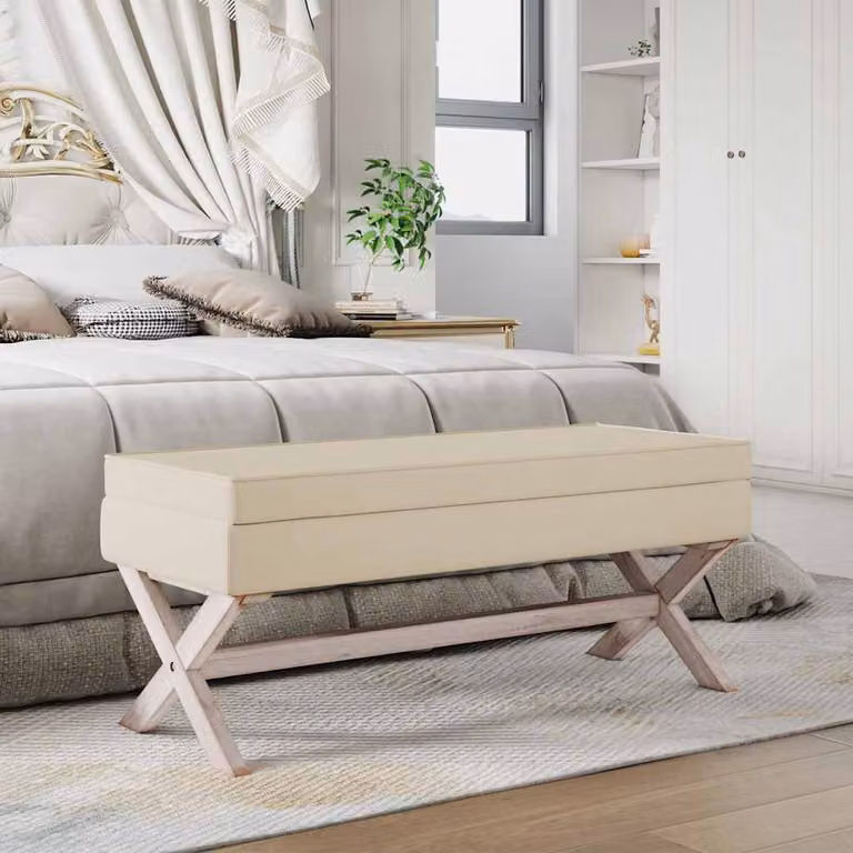 vidaXL Sgabello Portaoggetti in Lino Beige con Struttura in Legno L/P/H: 110 x 45 x 49 cm