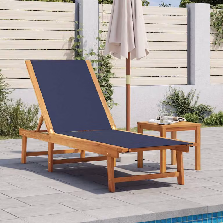 vidaXL Lettino Prendisole con Tavolo in Legno di Acacia e Textilene Blu, L: 200 cm, P: 110 cm, H: 66 cm
