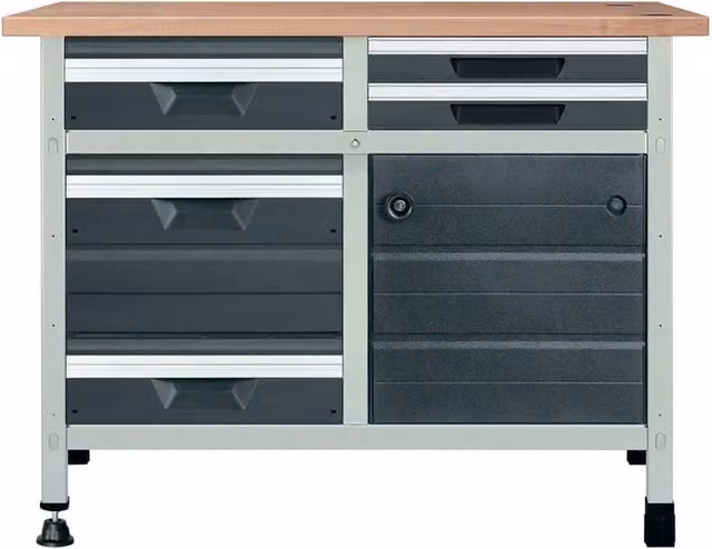 Banco da lavoro fisso Wolfcraft con 5 cassetti in metallo e legno, colore grigio, L 113 x H 86 x P 65 cm, portata massima 600 kg