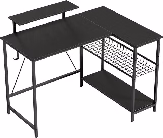 Scrivania gaming angolare HOMCOM con supporto per monitor e ripiano a rete regolabile, Nero, L: 114,5 cm, P: 82 cm, H: 91,5 cm