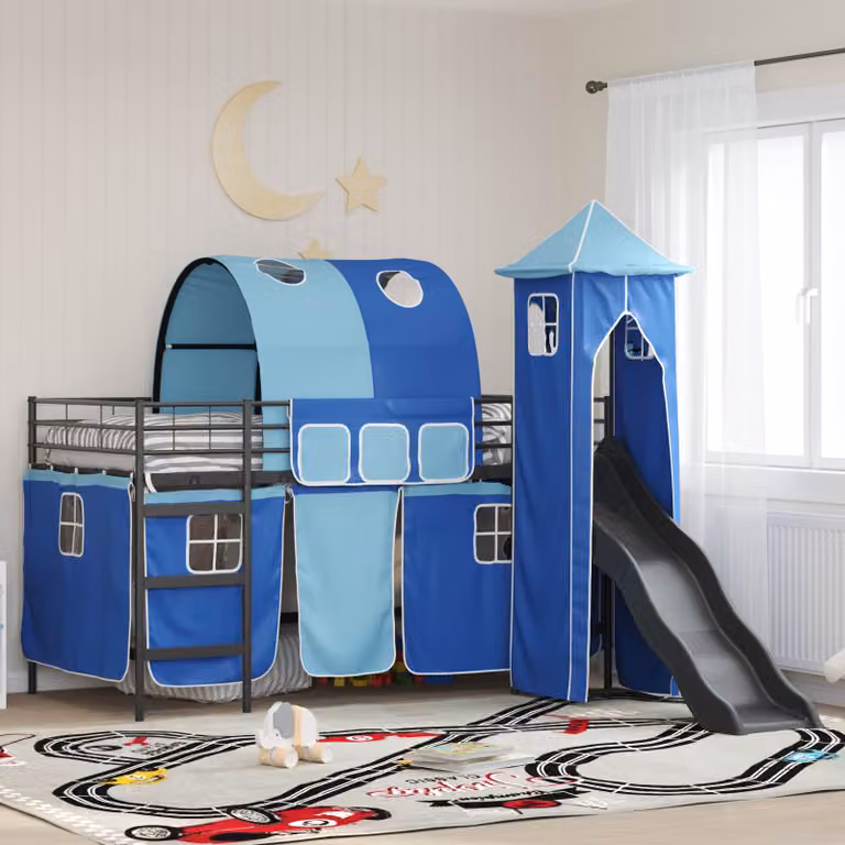 Letto a castello per bambini vidaXL in metallo con scala, Nero e Blu, L: 112 cm, P: 205 cm, H: 116 cm