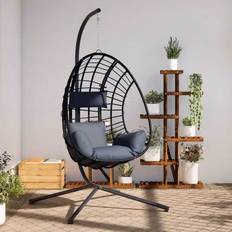 vidaXL Sedia a Uovo Sospesa con Supporto in Acciaio e Polyrattan Antracite e Nero con Cuscini Inclusi