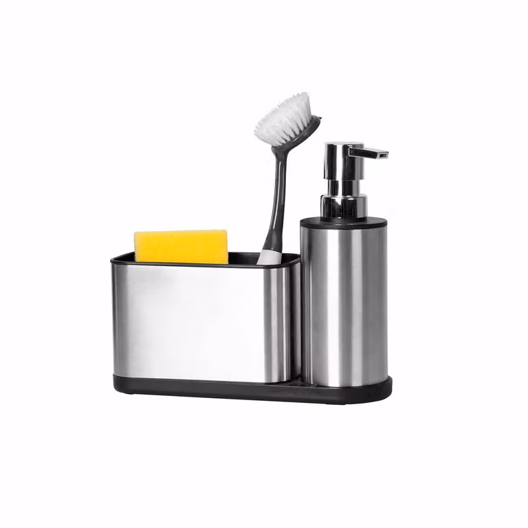 Dispenser sapone con portaoggetti in acciaio Vestiamo Casa, colore argento, H 17,5 x L 20,3 x P 7 cm