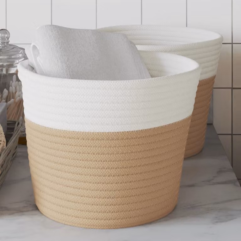 Set di 2 cestini portaoggetti vidaXL in tessuto intrecciato beige e bianco con maniglie, Ø 24 x H 18 cm