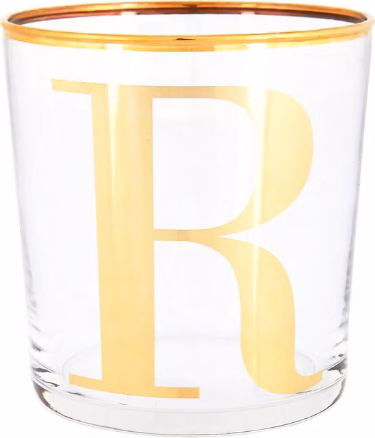 Bicchiere da acqua in vetro trasparente con iniziale Lettera R color oro KASANOVA