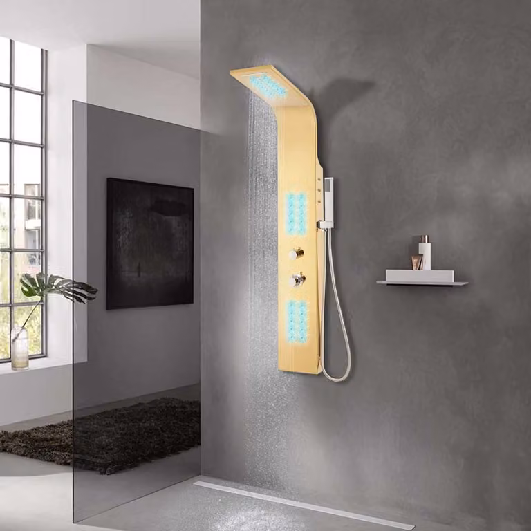 Pannello Doccia Curvo vidaXL in Acciaio Inossidabile Oro con Doccino a Mano e Termostato, H: 130 cm, L: 44 cm, P: 20 cm