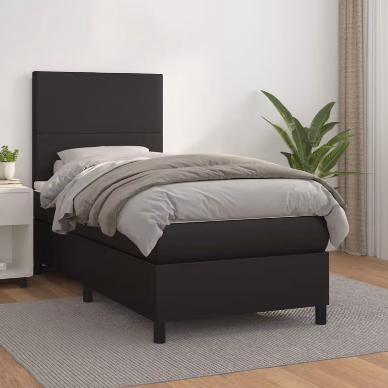 vidaXL Letto con Giroletto a Molle e Materasso Ibrido in Similpelle Nero, L/P/H: 90 x 190 x 128 cm
