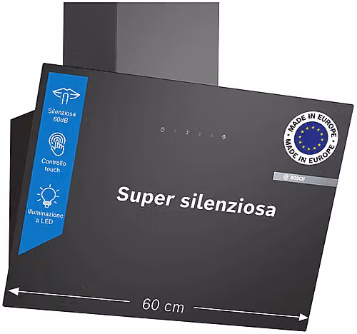 Cappa a muro inclinata Bosch Serie 2 DWK65DK60 colore Nero, aspirazione o ricircolo, 430 m³/h, Classe A, 60 dB