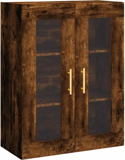 Mobiletto a muro HELLOSHOP26 in legno composito effetto rovere marrone con ante in vetro e ripiani interni, L: 69,5 cm, P: 34 cm, H: 90 cm