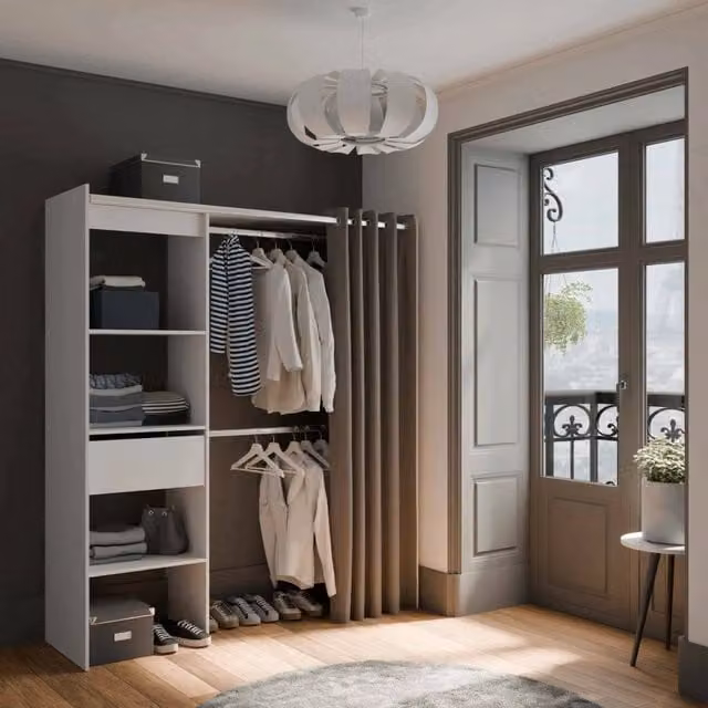 Armadio Serpentina DMORA per camera da letto, cabina armadio con cassetti interni, ripiani e appendiabiti, L: 167 cm, P: 50 cm, H: 192 cm, Bianco opaco