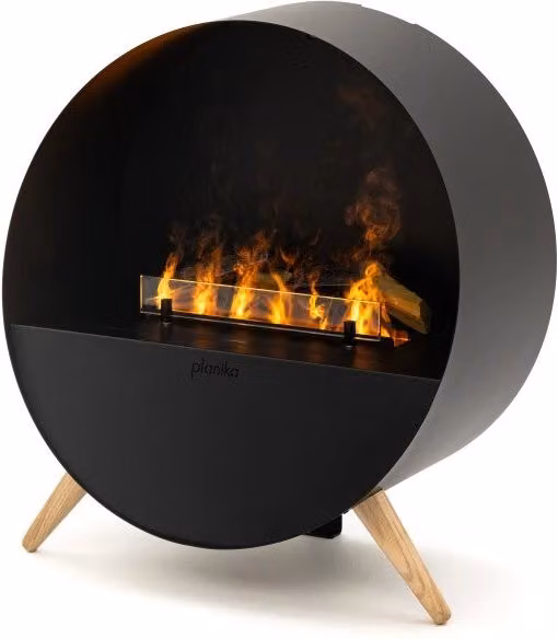 Camino a vapore Planika Misty con effetto fiamma realistica e tecnologia Optimyst, design moderno nero, montaggio a parete