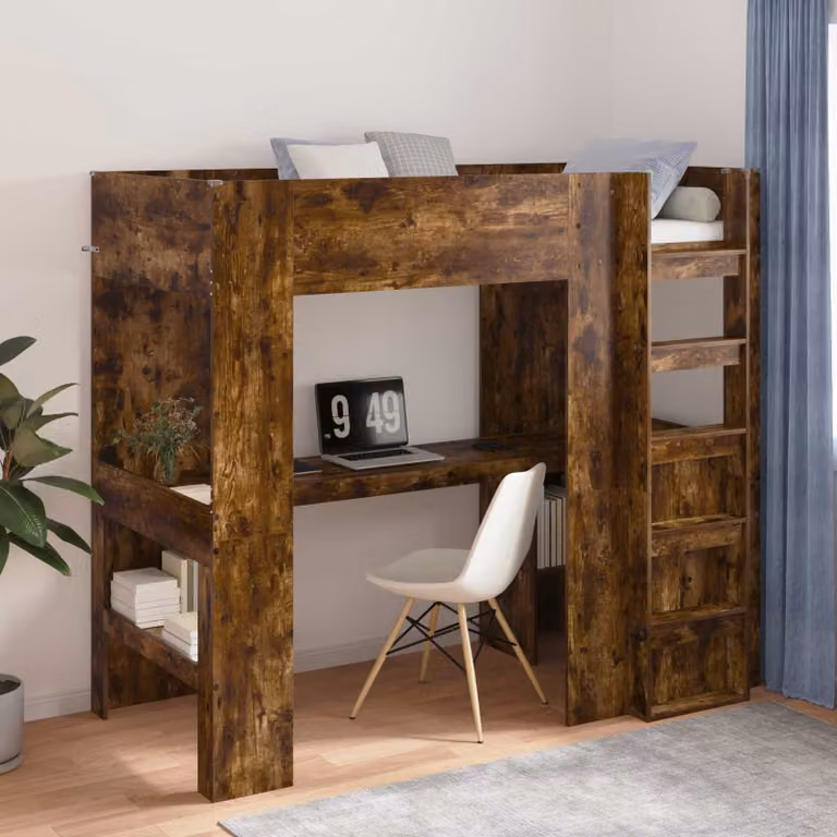 vidaXL Struttura letto a castello con scrivania in legno Rovere fumé, L/P/H: 200 x 90 x 175 cm