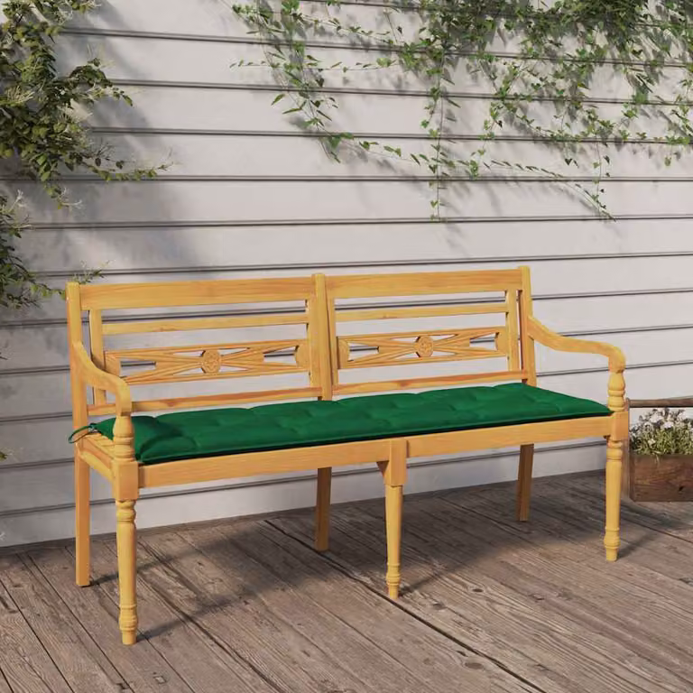 Panchina da giardino Batavia vidaXL in legno massello di teak con cuscini verdi e braccioli, colore marrone, L: 150 cm