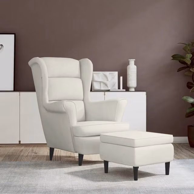 Poltrona relax con poggiapiedi integrato vidaXL in velluto beige con struttura in legno e schienale ad ala L/P/H: 96.5 x 78.0 x 90.0 cm